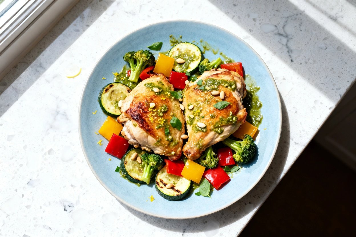top-down food photo of a single serving of keto chicken pesto sheet pan dinner plated on a light blu