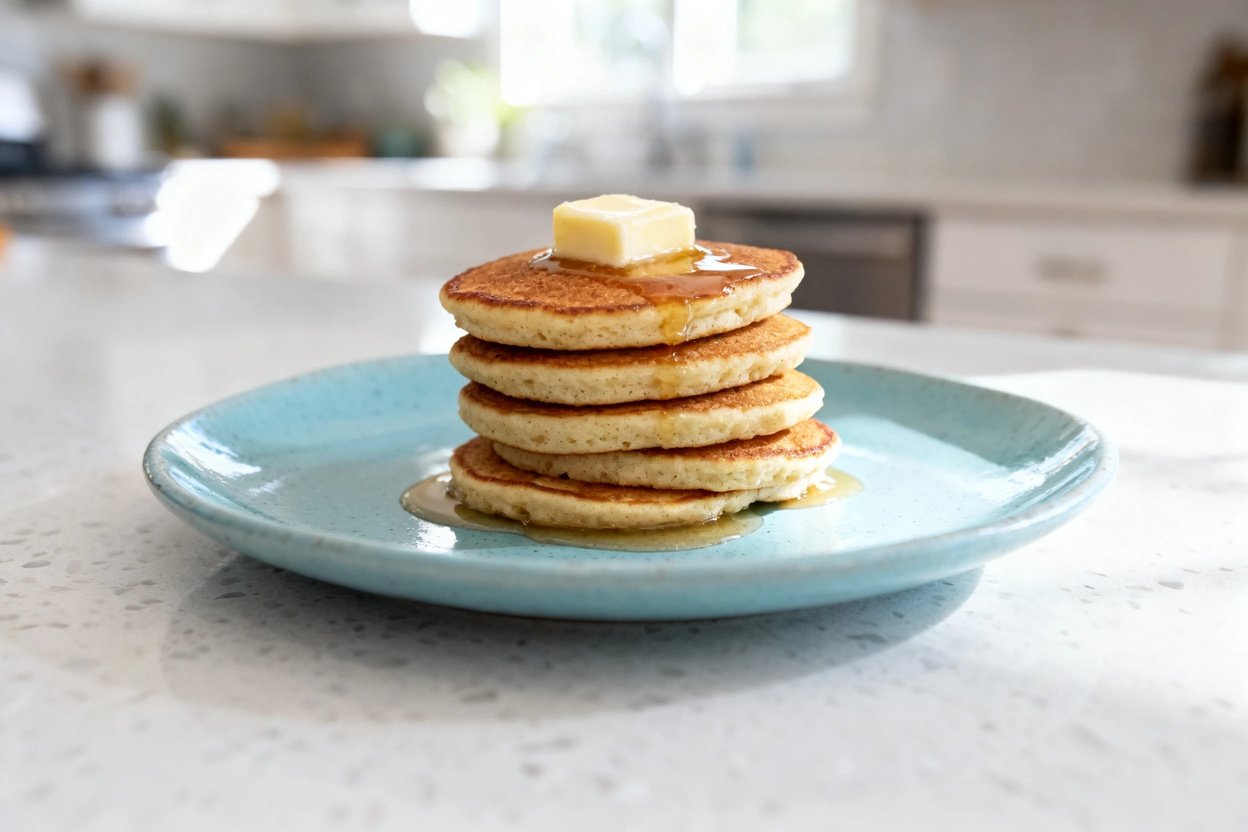 mera perspective (about 30–40 degrees) showing the exact same finished keto pancake serving and pres