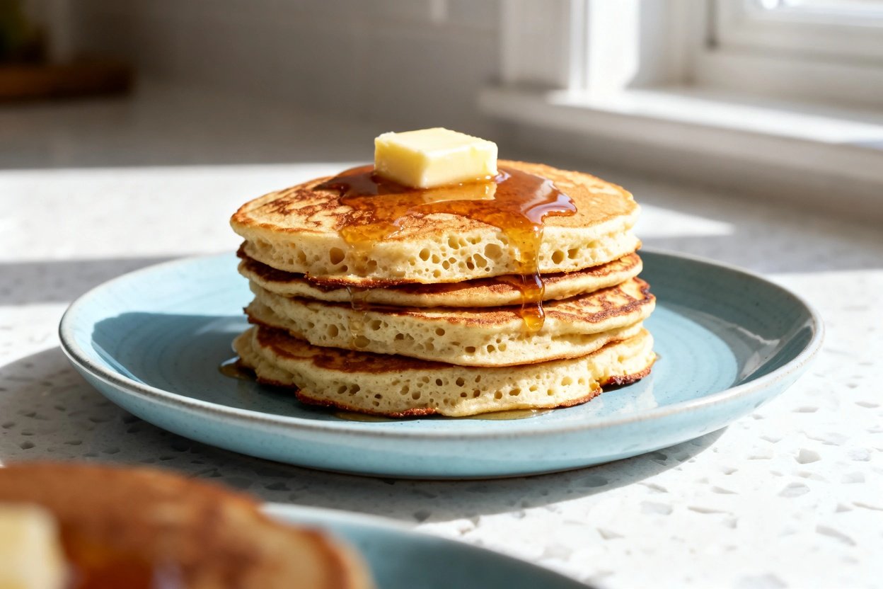 shot (about 30–45 degrees) of the identical plated stack of 5-Ingredient Keto Breakfast Pancakes on
