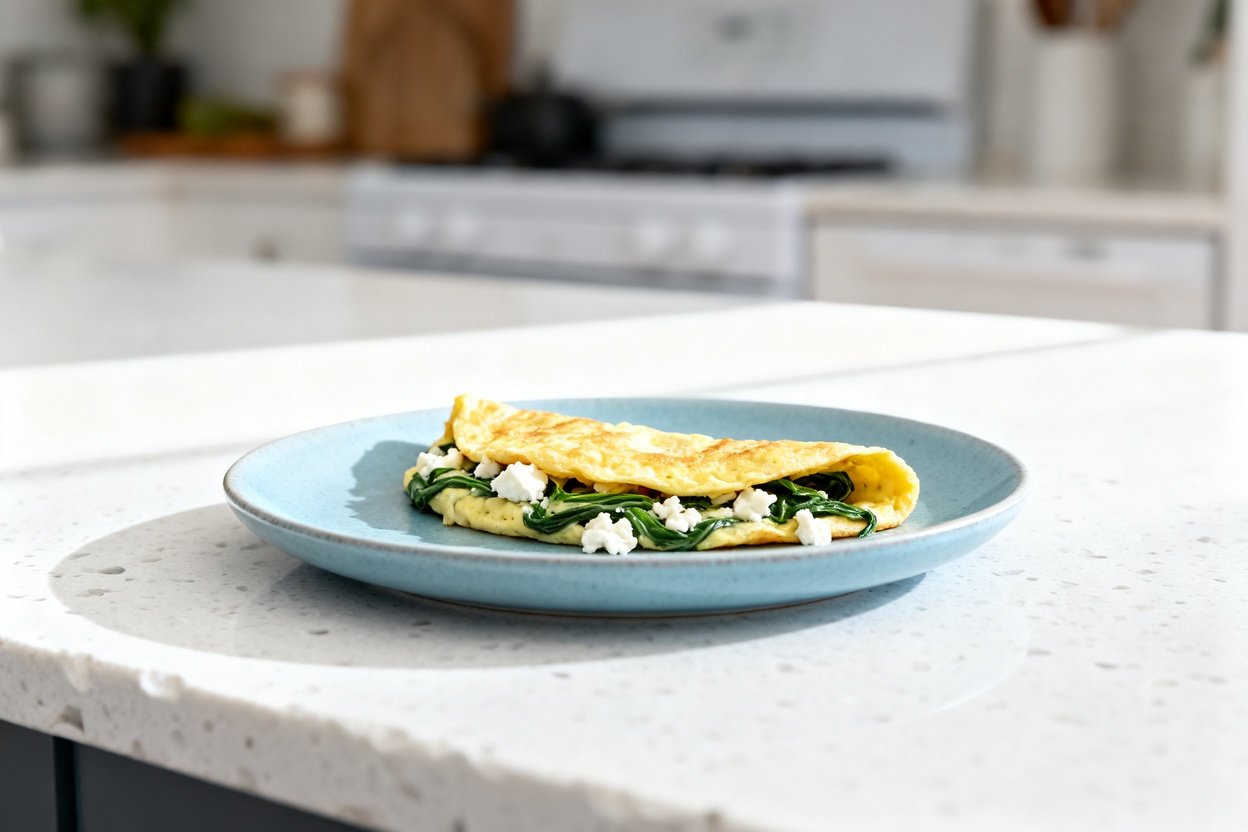 –40 degree perspective of the exact same finished fluffy keto spinach-and-feta omelette (same size, 