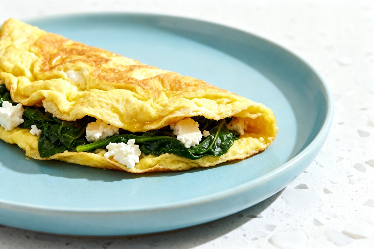  shot (30–45 degrees) focusing on the same finished fluffy keto omelette with spinach and feta, stil