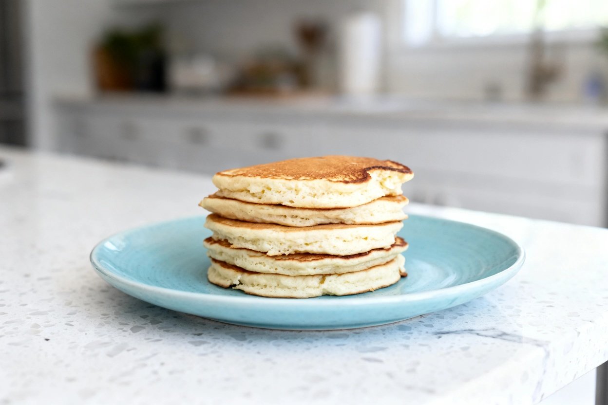 –40° camera perspective of the exact same finished serving: the same stack of 5–6 fluffy keto almond
