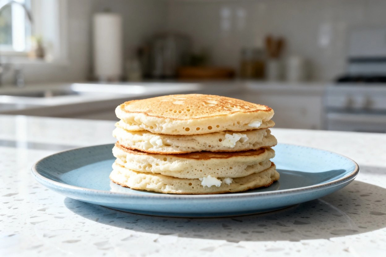  shot at 30–45° of the same plated serving: the same stack of 5–6 fluffy keto pancakes (almond flour