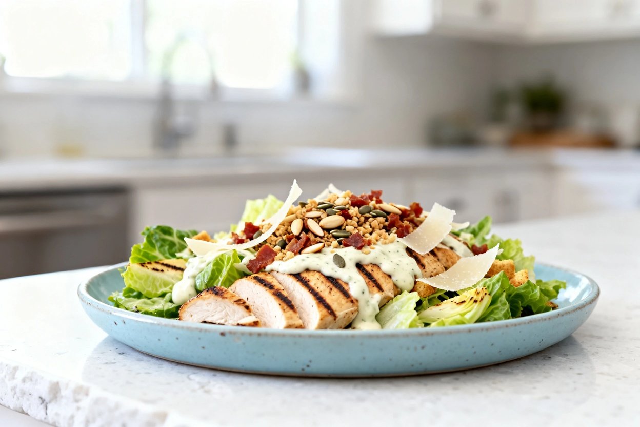 bout 30–40 degrees) realistic food photograph of the exact same finished grilled keto chicken Caesar