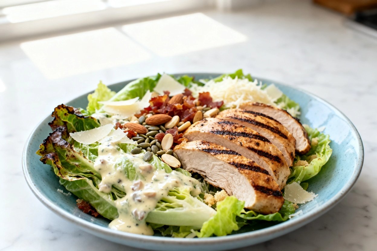  shot (about 30–45 degrees) of the same plated grilled keto chicken Caesar salad on the identical li