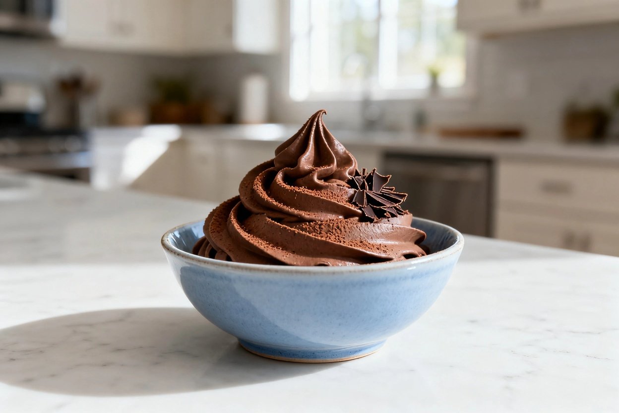 –40° camera view of the exact same finished keto chocolate mousse, identical portion size and shape: