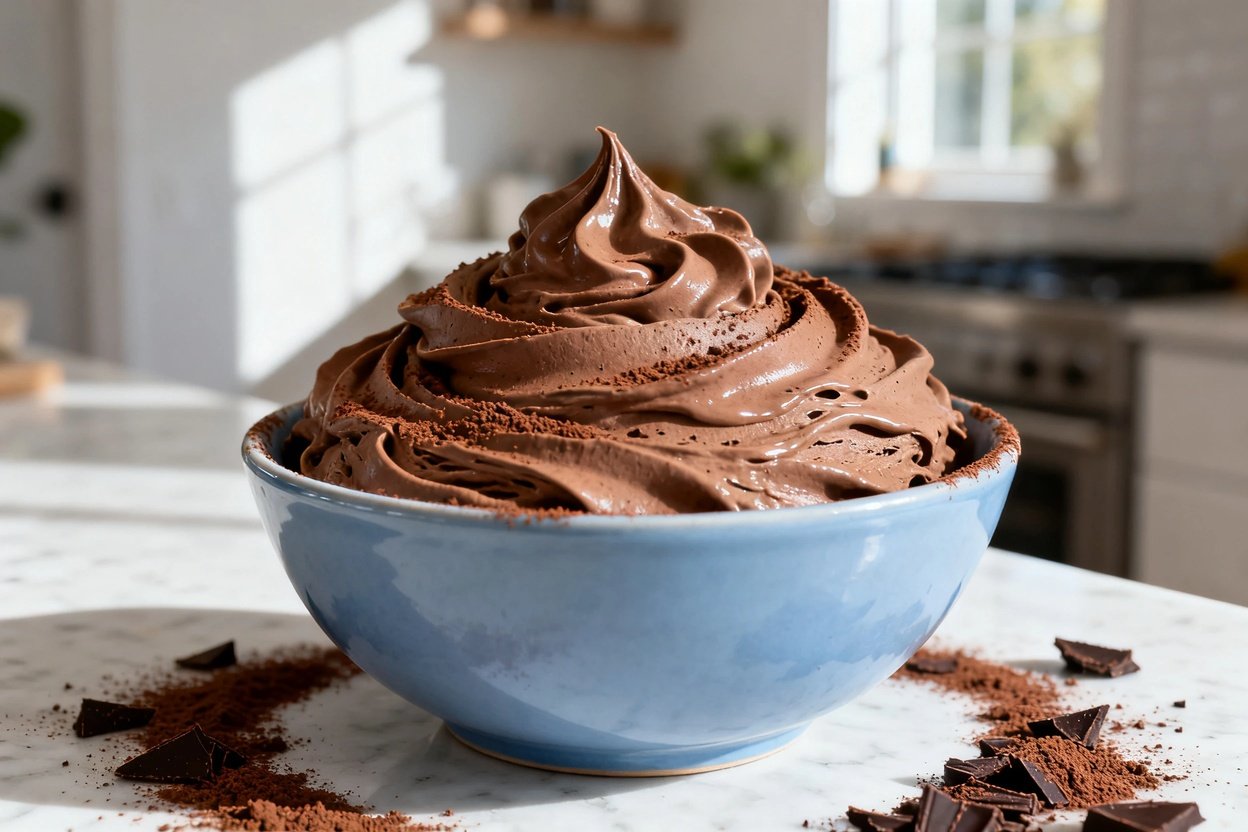  shot at ~35–45° emphasizing texture of the same finished keto chocolate mousse in the same light bl