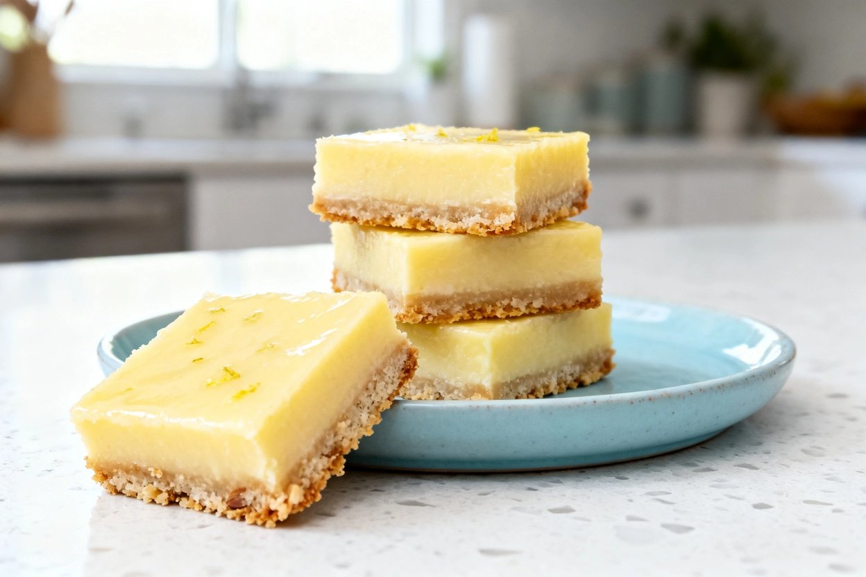  shot at about 30–45 degrees of the same plated sugar-free keto lemon bars on the same light blue ce