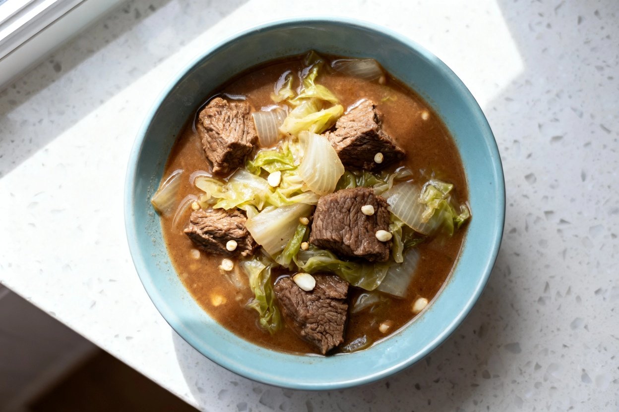 top-down food photograph of a single serving of keto beef and cabbage stew centered on a light blue