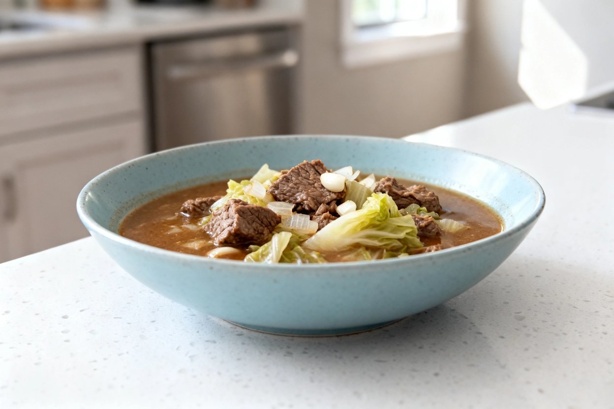 bout 35 degrees) realistic food photo of the exact same finished keto beef and cabbage stew during t