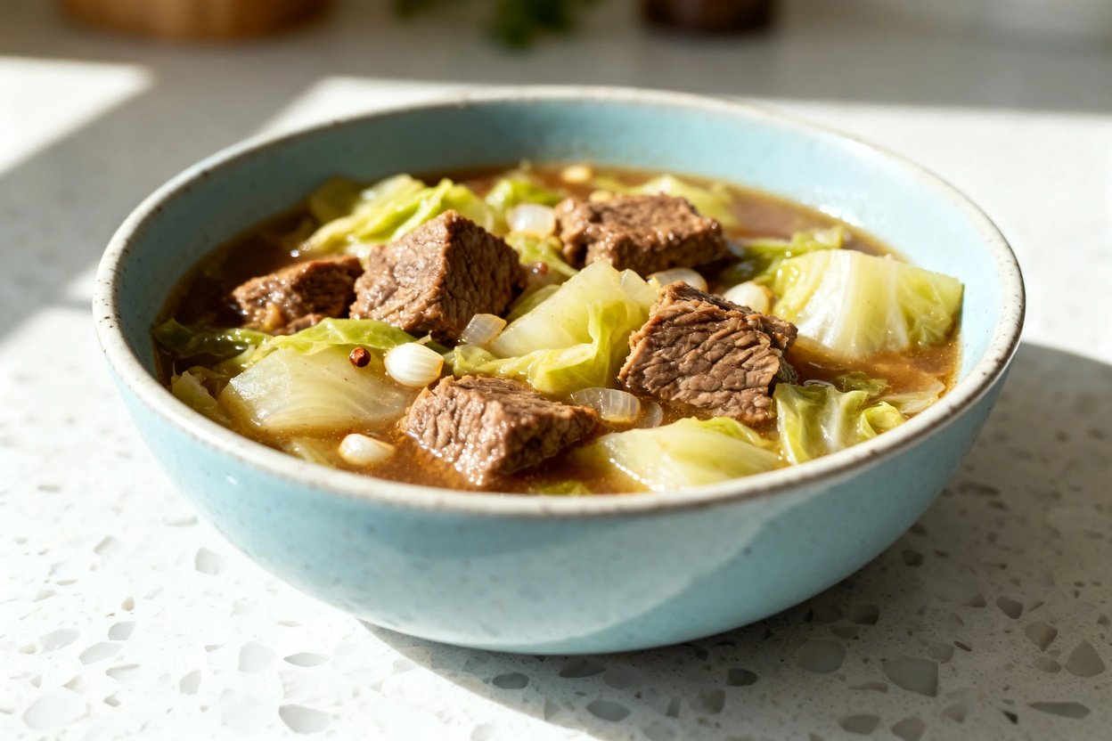  shot (about 40–45 degrees) of the same plated keto beef and cabbage stew on the identical light blu