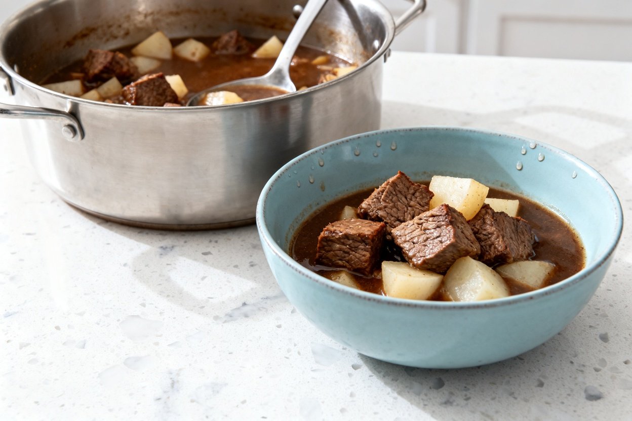 bout 35°) contextual food photo of the same finished keto beef stew, identical portion and appearanc