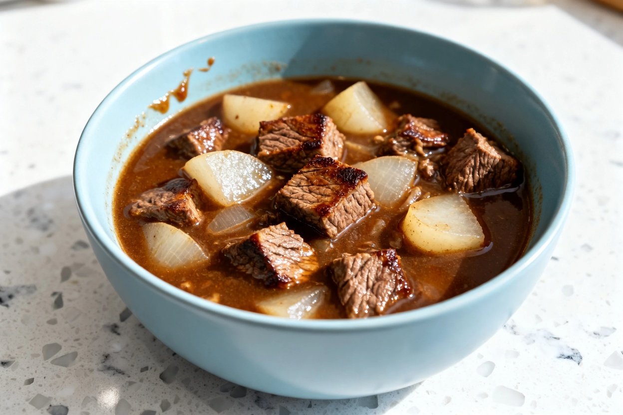  shot (about 40°) of the same finished hearty keto beef stew plated in the same identical light blue