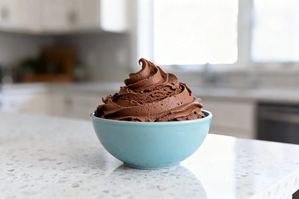 bout 35 degrees) realistic food photograph of the exact same finished rich keto chocolate mousse, sa