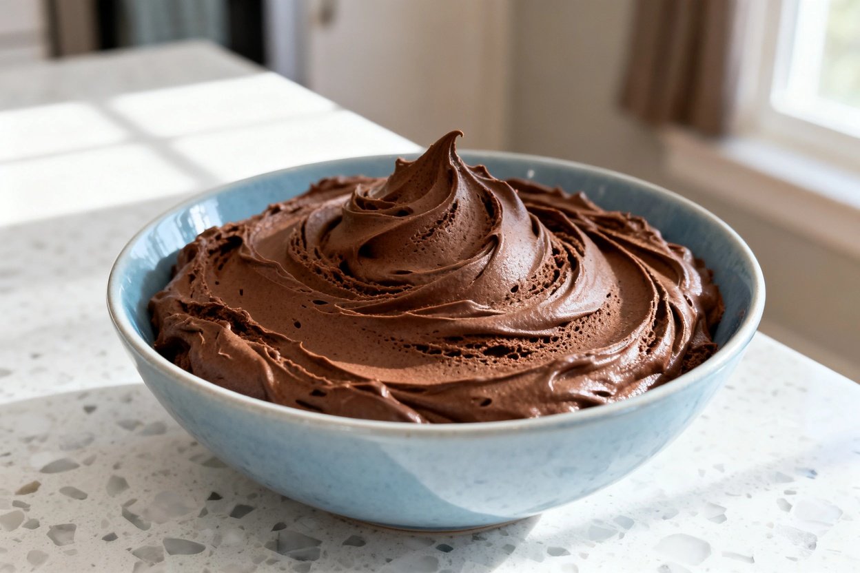  shot (about 40–45 degrees) of the same finished rich keto chocolate mousse in the same light blue c