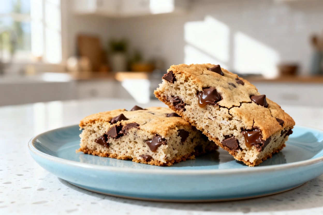  shot (about 40–45 degrees) focusing on the same plated keto chocolate chip cookie bars on the ident