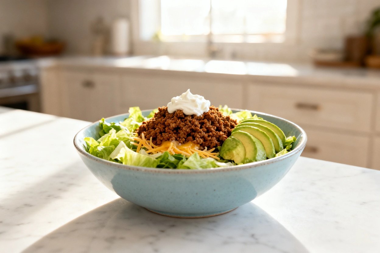 on shot of the exact same finished keto taco salad (same components and arrangement: chopped lettuce