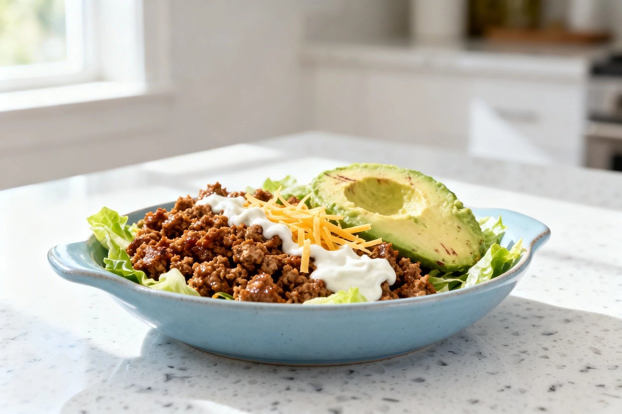 shot (30–45 degrees) of the same finished keto taco salad with ground turkey on the same light blue