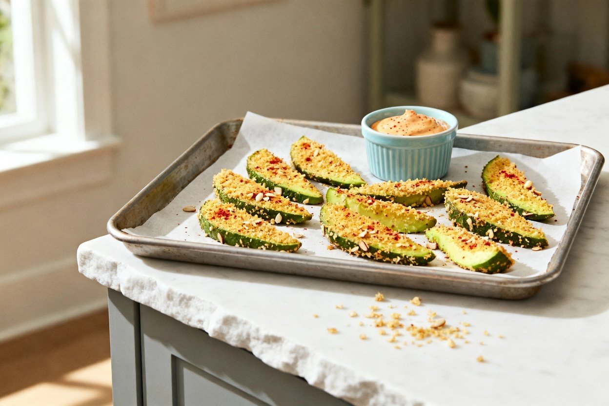 mera perspective (about 30–40 degrees) showing the same finished keto baked avocado fries in the fin