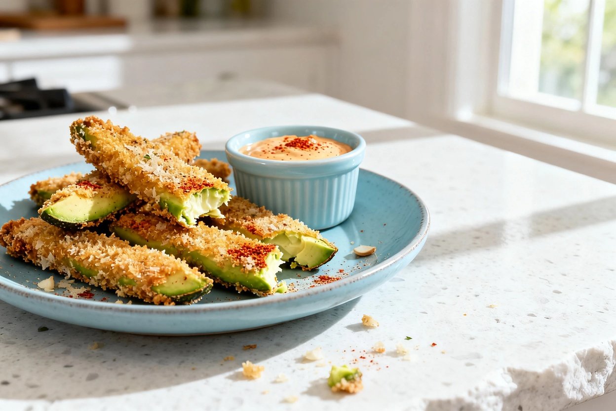 shot (about 30–45 degrees) of the same plated keto baked avocado fries on the identical light blue