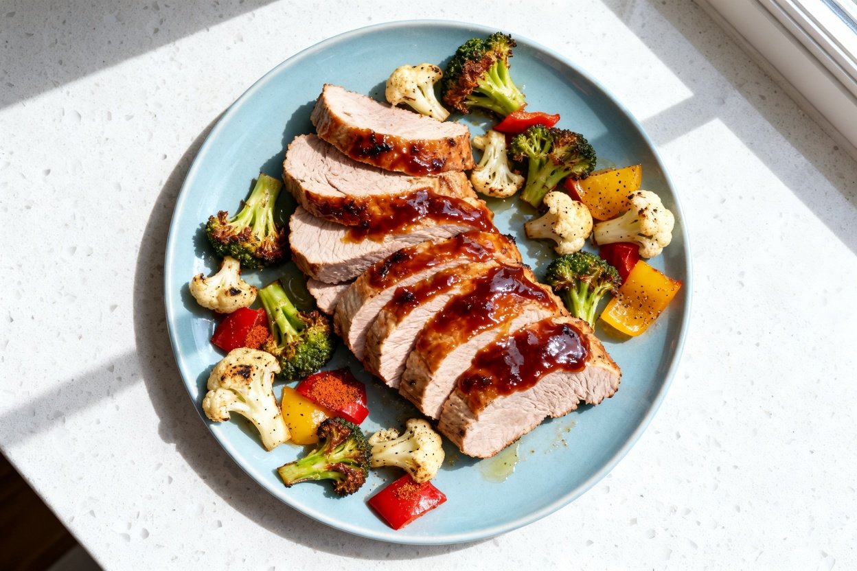 top-down food photo of a single plated serving of keto BBQ pork tenderloin sheet pan dinner on a li