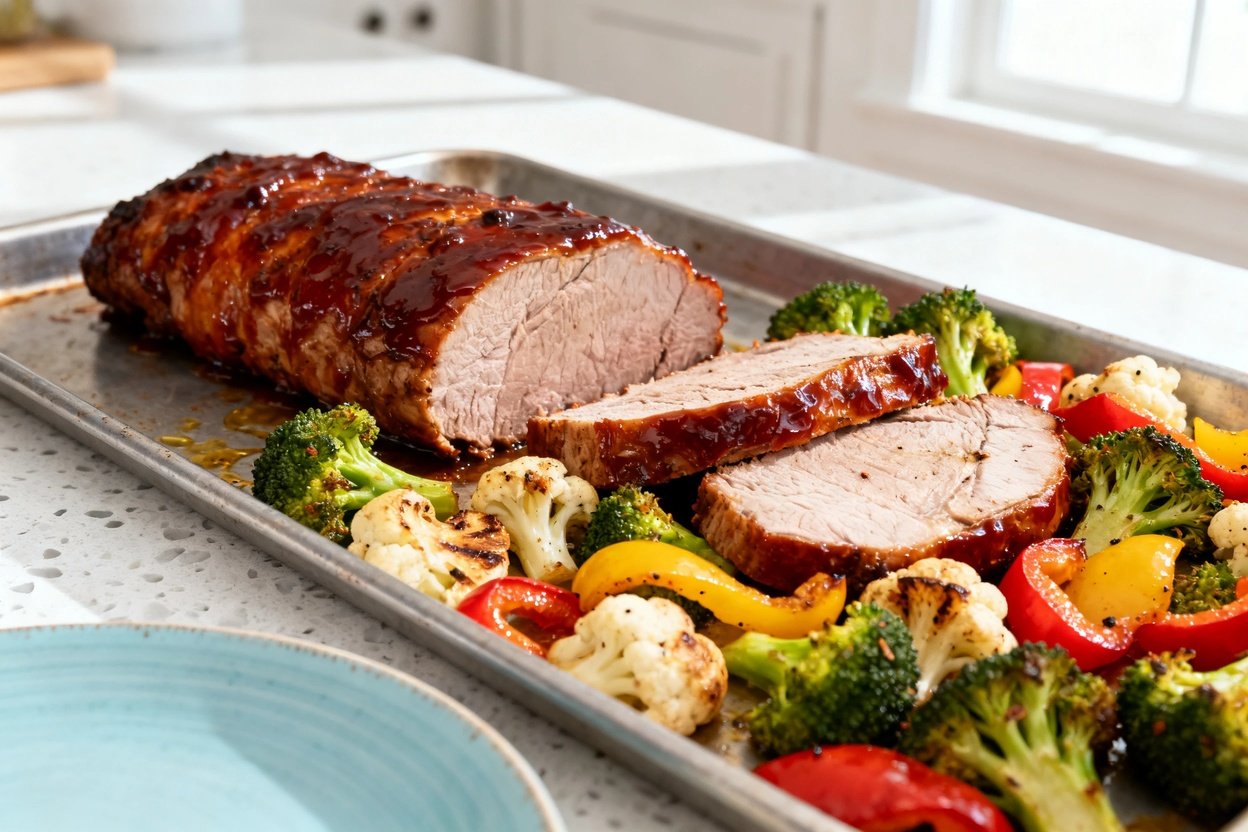 bout 35°) realistic food photograph of the same keto BBQ pork tenderloin sheet pan dinner, shown in