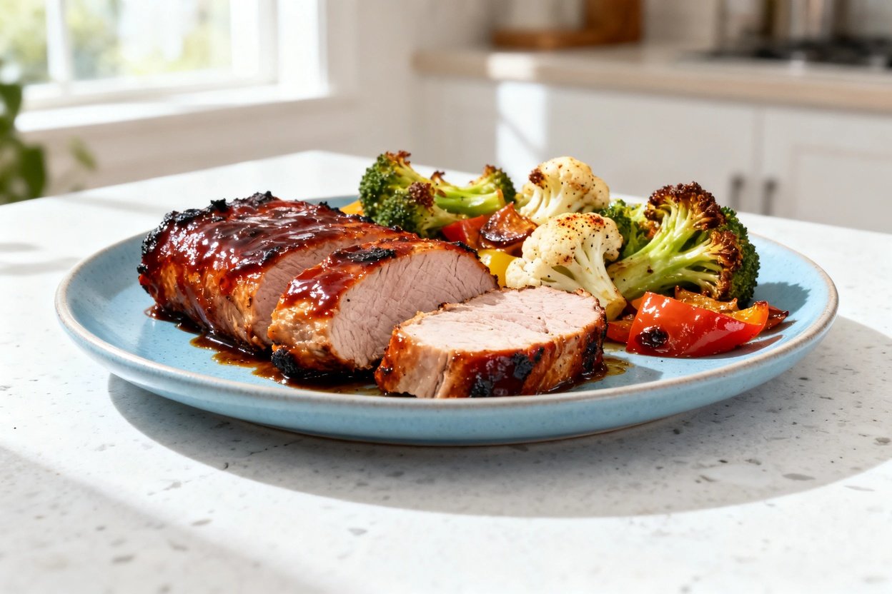 shot (about 40–45°) of the same plated single serving on the same style light blue ceramic plate at