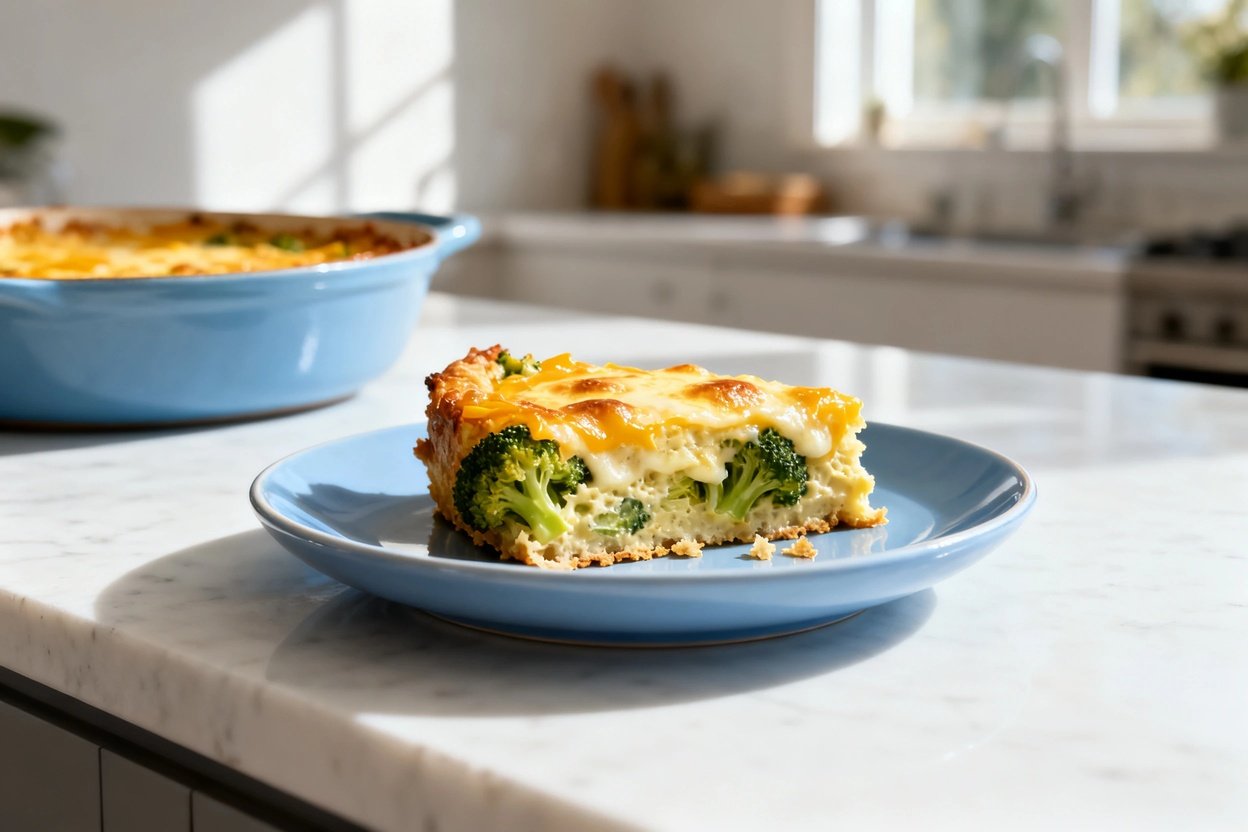 –40° perspective photograph of the exact same keto broccoli cheese casserole portion and look (a sin
