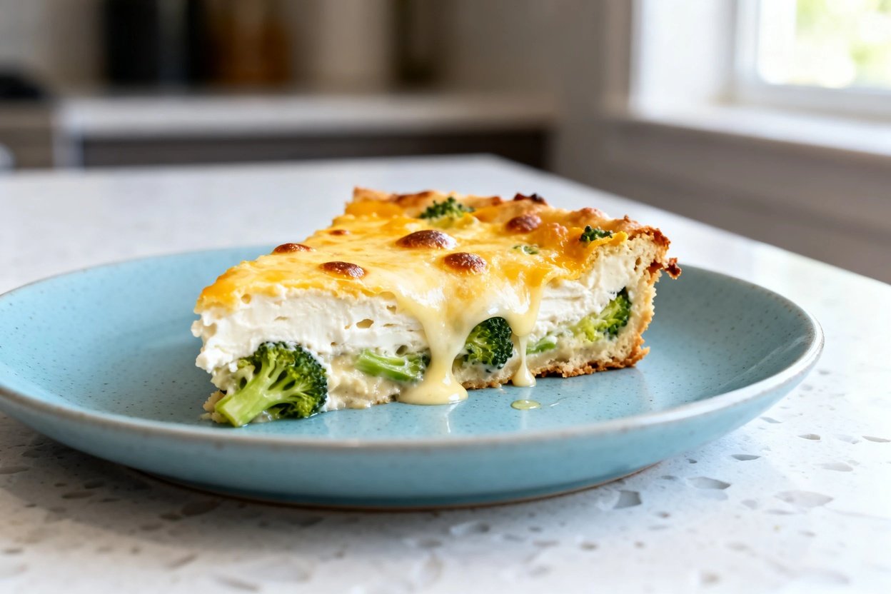  shot at ~35–45° of the same finished keto broccoli cheese casserole slice on the same style light b
