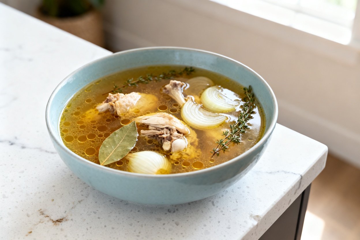 –40 degree perspective showing the same finished keto chicken & collagen bone broth served in the sa