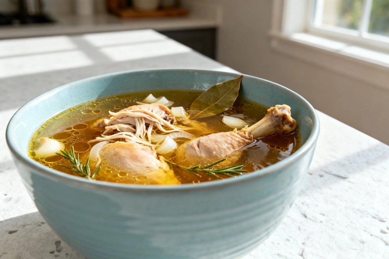  shot at 30–45 degrees of the exact same keto chicken & collagen bone broth in the same light blue c