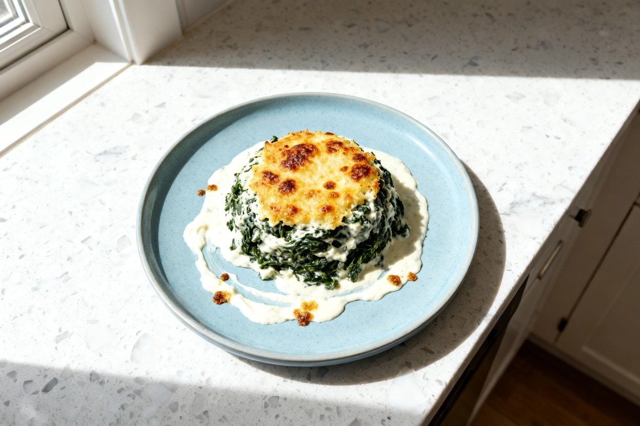 top-down food photograph of a single serving of keto creamed spinach gratin on a light blue ceramic