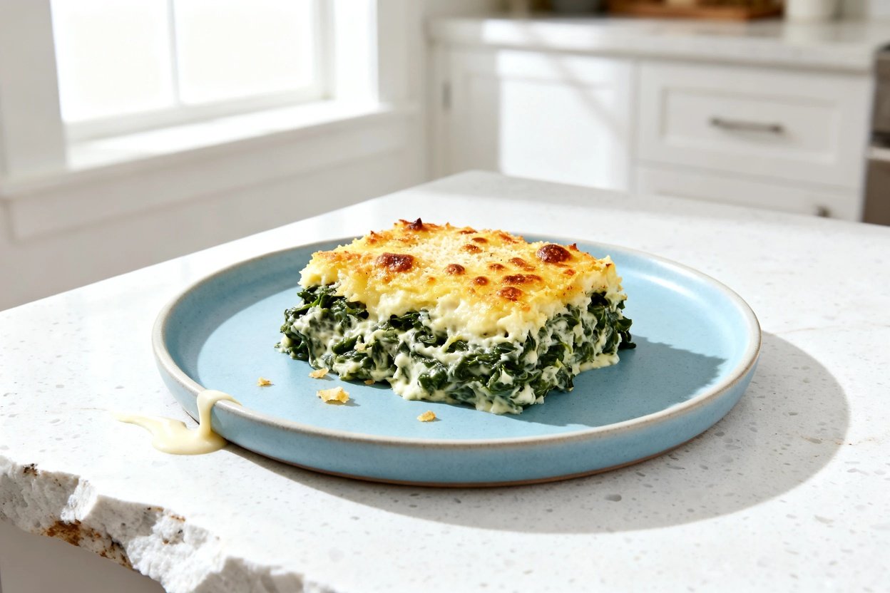 bout 30–40 degrees) realistic food photo of the exact same keto creamed spinach gratin portion and p