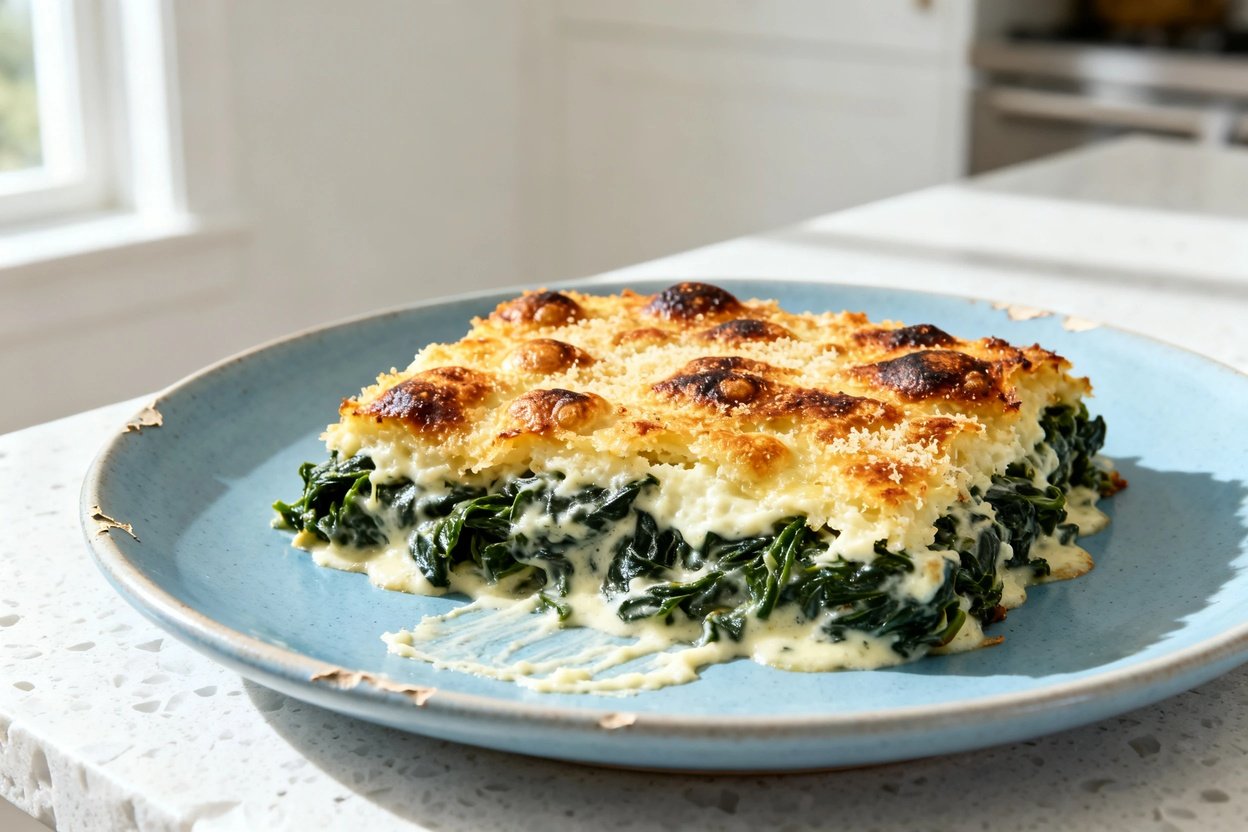  shot (about 35–45 degrees) of the same finished keto creamed spinach gratin on the same light blue 