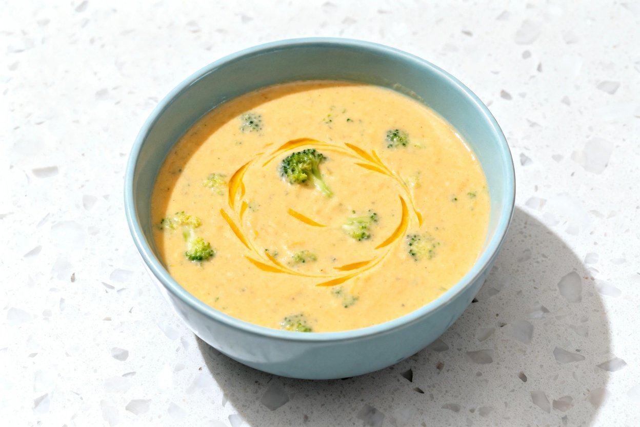 top-down food photo of a single serving of keto creamy broccoli cheddar soup: a rich, velvety, pale