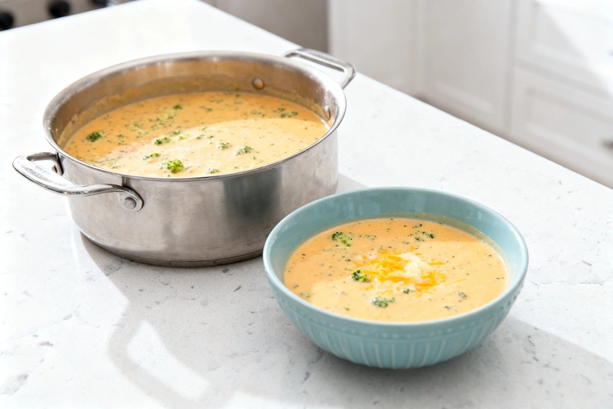 bout 35 degrees) photo of the same finished keto creamy broccoli cheddar soup, identical color and t