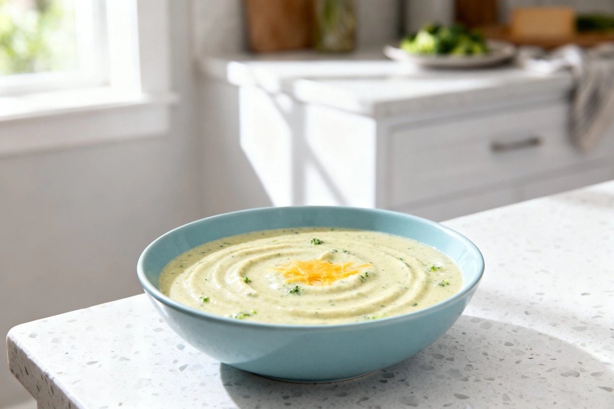 shot (about 40–45 degrees) of the same single serving of keto creamy broccoli cheddar soup in the s