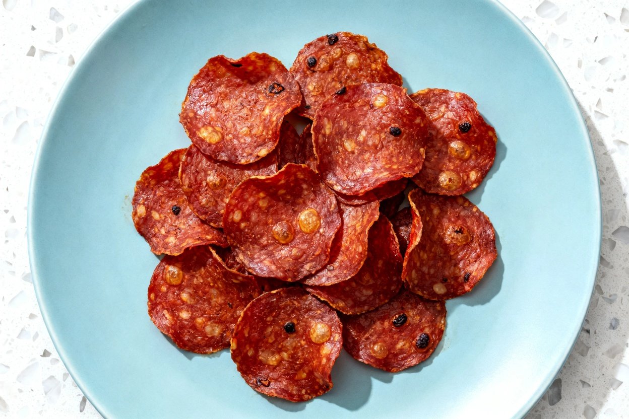 top-down food photo of a single serving of low carb pepperoni chips: thinly sliced pepperoni baked u