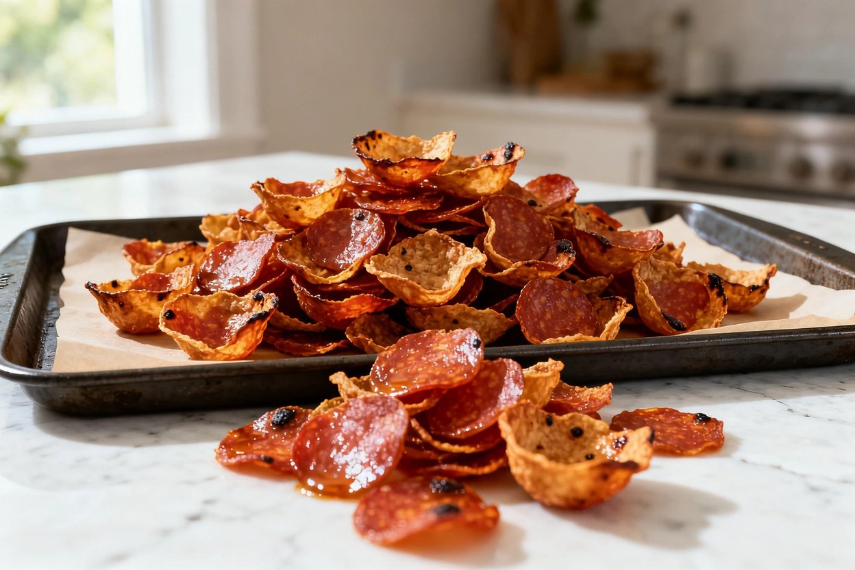 bout 35°) realistic home-kitchen photograph of the exact same finished low carb pepperoni chips: thi