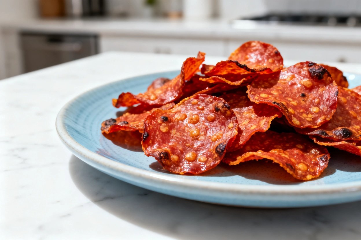  shot (about 40–45°) of the same finished low carb pepperoni chips plated on the same style light bl