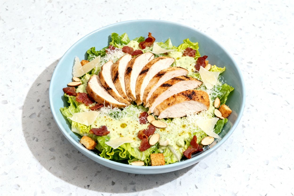 top-down food photo of a single-serving Keto Crunchy Caesar Chicken Salad plated in a light blue ce