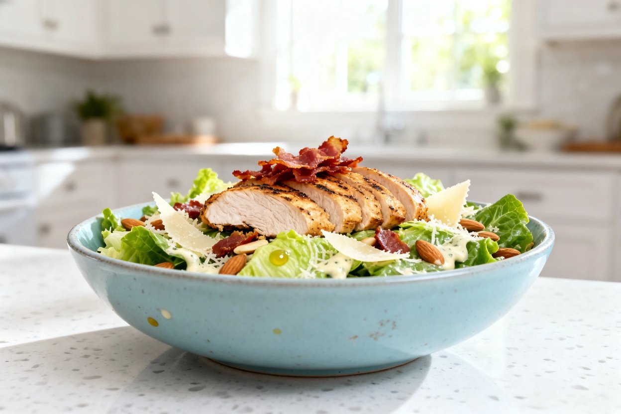 –40° perspective photo of the exact same finished Keto Crunchy Caesar Chicken Salad (same form and c