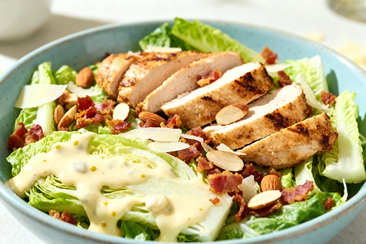 shot at approximately 35–45° of the same single-serving Keto Crunchy Caesar Chicken Salad on the sa