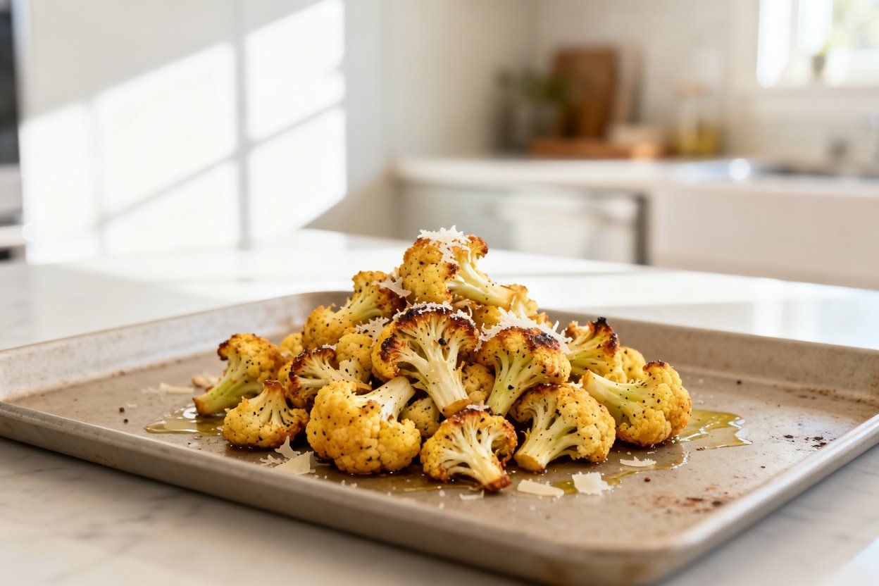 mera perspective (~35 degrees) showing the same finished keto roasted cauliflower (same shape and fo