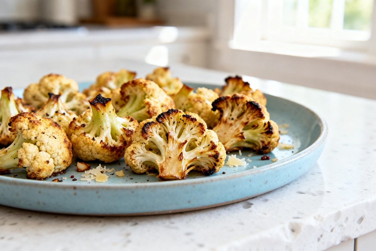  shot (~40–45 degrees) of the same roasted cauliflower florets plated on the identical light blue ce