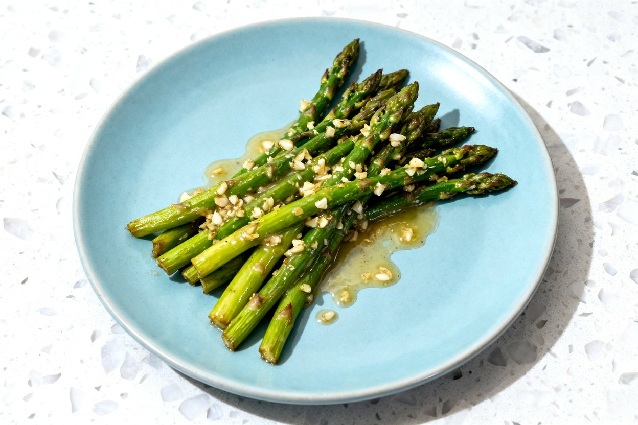 top-down food photo of the finished keto dish: garlic butter asparagus—crisp-tender asparagus spear