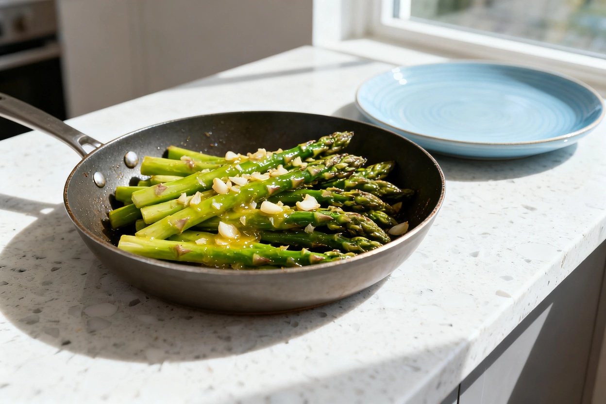 mera perspective (~35 degrees) showing the same finished garlic butter asparagus from the same cooki