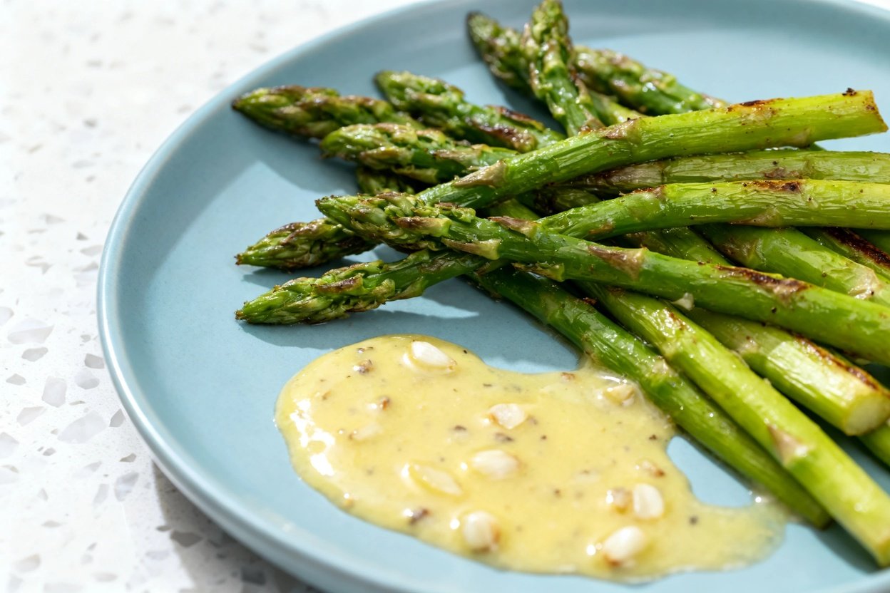 shot (~40 degrees) of the same plated garlic butter asparagus on the identical light blue ceramic p