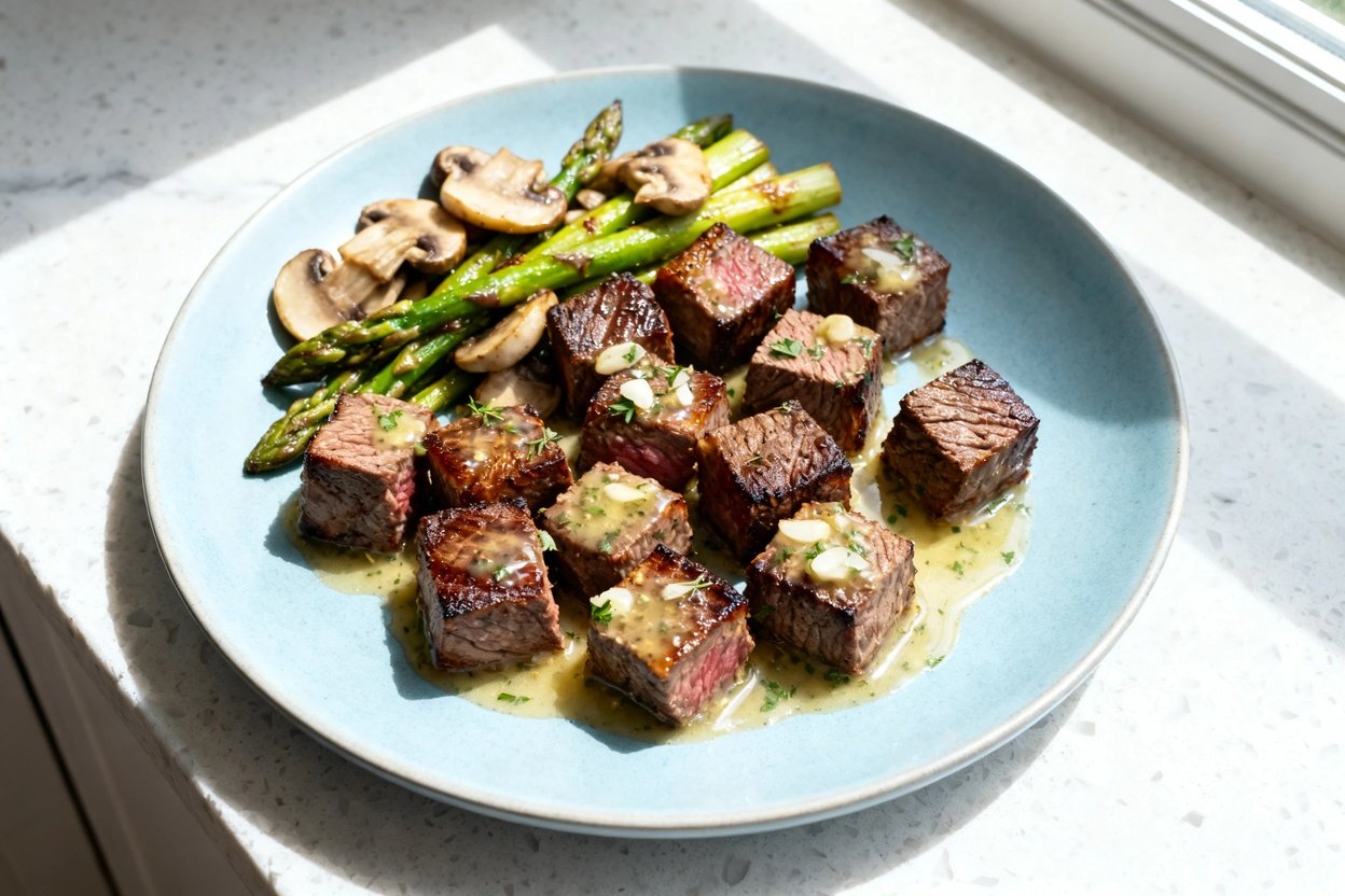 top-down food photo of keto-friendly garlic butter steak bites: a single serving of bite-sized seare