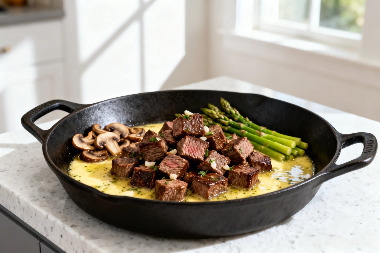 –40° perspective photo of the exact same finished keto garlic butter steak bites (same bite-sized st